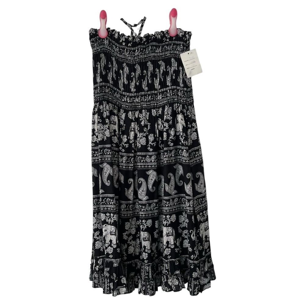 Elephant Themed Soft Dress Smocked Top Ruffle bottom Black and White One Size